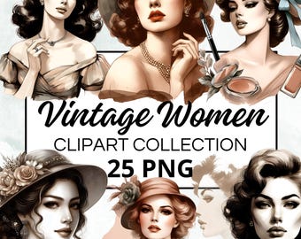 Vintage vrouwen aquarel clipart bundel, digitale scrapbook & ambachtelijke graphics voor uitnodigingen, printables, doe-het-zelf-projecten, Instant Download