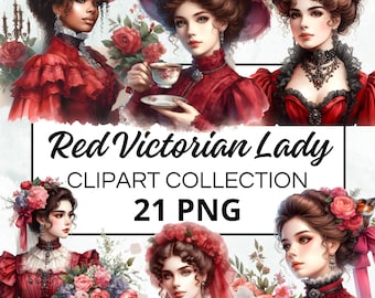 Victoriaanse dame rode aquarel clipart bundel, digitale scrapbook & ambachtelijke graphics, uitnodigingen, printables, doe-het-zelf-projecten, Instant Download