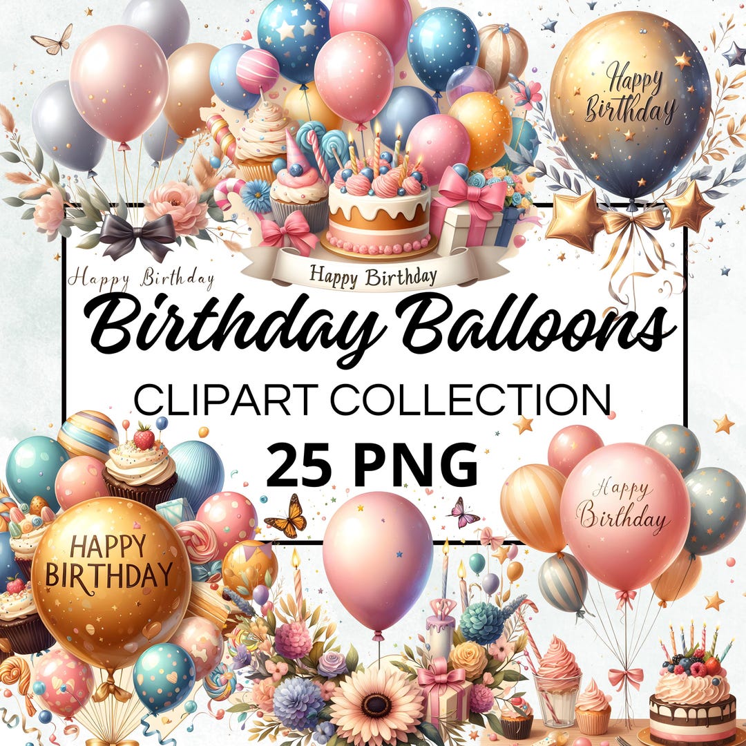 25 Clipart, Watercolor Birthday Balloons, Watercolor Clipart, PNG ...