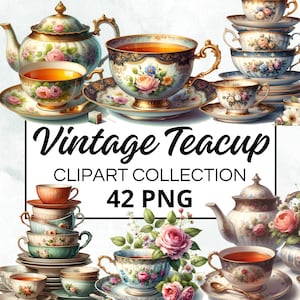 Vintage Teacup Watercolour Clipart Bundle, Digital Scrapbook & Craft Graphics for Invitations, Printables, DIY Projects, Instant Download