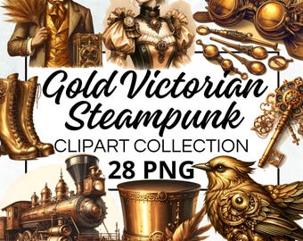 Victoriaanse Steampunk gouden aquarel clipart bundel, digitale Scrapbook Craft afbeelding, uitnodigingen, afdrukbaar, DIY-project, Instant Download