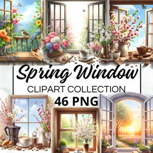 Può includere: Una collezione digitale di 46 immagini PNG di finestre primaverili. Le immagini mostrano finestre con varie scene primaverili, tra cui fiori in fiore, uccelli e farfalle. Le finestre sono incorniciate in legno e hanno un'estetica vintage.