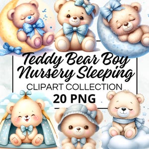 Teddy Bear Nursery Boy Sleeping Watercolour Clipart Bundle, Digital Scrapbook & Craft Graphics for Invitations, Printables, DIY Projects