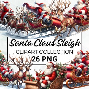 Pacote de clipart em aquarela de trenó do Papai Noel, álbuns digitais e gráficos artesanais, convites, imprimíveis, projetos DIY, download instantâneo