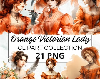 Victoriaanse Dame Oranje Aquarel Clipart Bundel, Digitale Scrapbook & Craft Graphics, Uitnodigingen, Printables, DIY Project, Instant Download