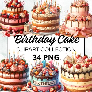 34 Clipart, Watercolor Birthday Cake, Watercolor Clipart, PNG format, Instant Download for Commercial Use