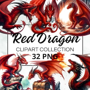 May include: A collection of 32 red dragon clipart images in PNG format. The dragons are depicted in various poses, including flying, breathing fire, and guarding treasure.