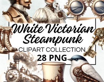 Victoriaanse Steampunk witte aquarel clipart bundel, digitale Scrapbook Craft afbeelding, uitnodigingen, afdrukbaar, DIY-project, Instant Download