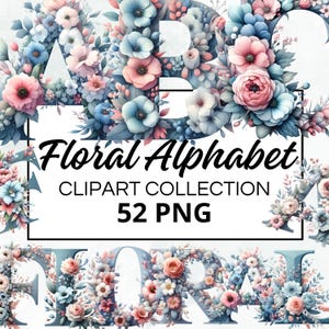 Collection Floral Alphabet Clipart, 52 PNG aquarelle pour téléchargement instantané, utilisation commerciale
