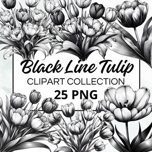 25 Watercolor Black Line Tulip Clipart Bundle, Watercolor Clipart, PNG format, Instant Download for Commercial Use