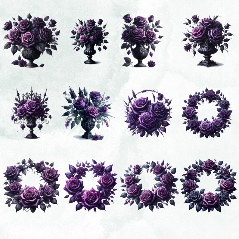 Gothic Purple Rose Watercolor Clipart Bundle | Digital Scrapbook Craft ...