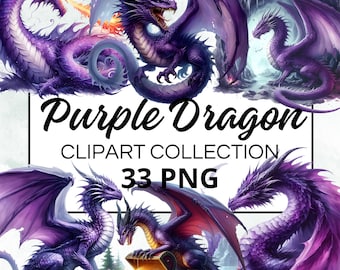 Dragon Purple Clipart Collection, 33 Watercolor PNGs for Instant Download, Commercial Use