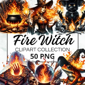 May include: A digital clipart collection of 50 PNG images featuring a fire witch theme. The images include a witch with fiery hair and a cauldron, a black cat with flames, a frog with a crown, a crystal ball with flames, and a book with a hand emerging from flames.