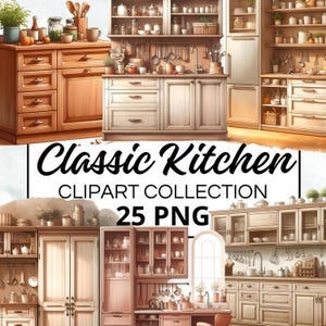 Può includere: Un'illustrazione digitale di una cucina classica con armadi bianchi, piani di lavoro in legno e vari elettrodomestici e accessori da cucina. L'immagine include un frigorifero, un forno, un piano cottura, un lavello e scaffali pieni di piatti, pentole e altri oggetti da cucina. La cucina è decorata in stile rustico e da fattoria.