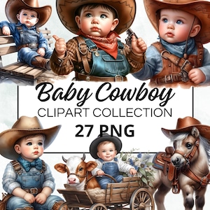 27 Clipart, Watercolor Baby Cowboy, Watercolor Clipart, PNG format, Instant Download for Commercial Use