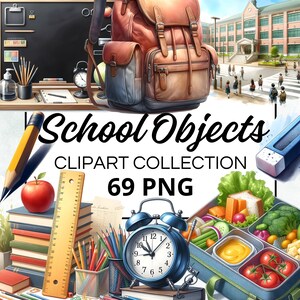 Objets scolaires Aquarelle Clipart Bundle, Digital Scrapbook & Craft Graphics pour invitations, imprimables, projets de bricolage, téléchargement instantané