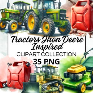 Tractors Jhon Deere Inspired Watercolour Clipart Bundle, Digital Scrapbook & Craft Graphics for Invitations, Printables, DIY Projects