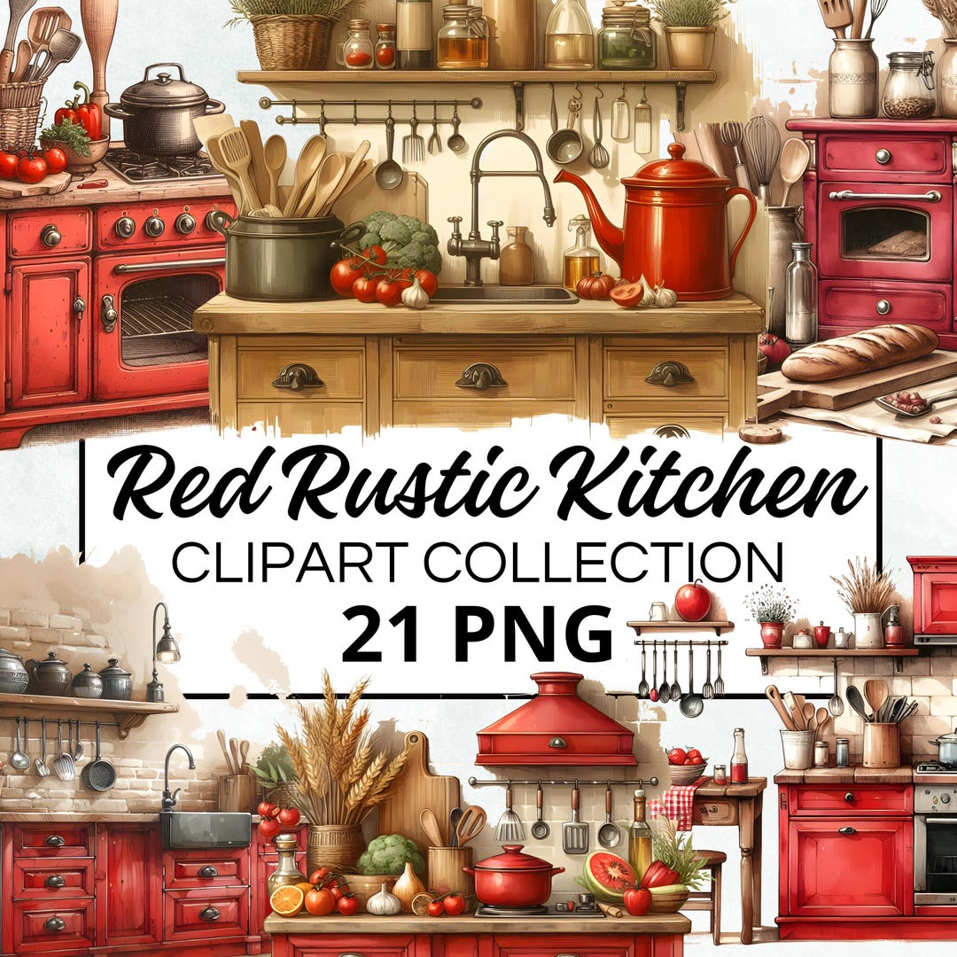 Kitchen Rustic Red Watercolor Clipart Bundle, Digital Scrapbook & Craft ...