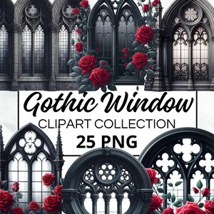 May include: A digital clipart collection of 25 gothic window images. The windows are black with intricate designs and are set against a white background. The text "Gothic Window Clipart Collection 25 PNG" is displayed below the images.