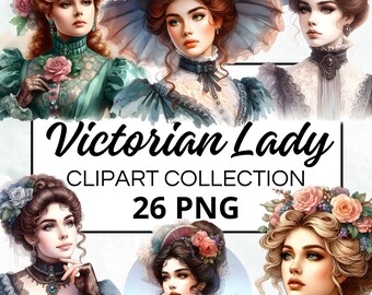 Victoriaanse dame aquarel clipart bundel, digitale scrapbook & ambachtelijke graphics voor uitnodigingen, printables, doe-het-zelf-projecten, Instant Download