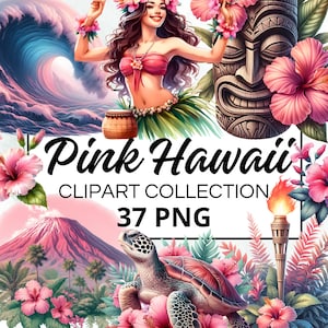 Pink Hawaii Watercolour Clipart Bundle, Digital Scrapbook & Craft Graphics for Invitations, Printables, DIY Projects, Instant Download