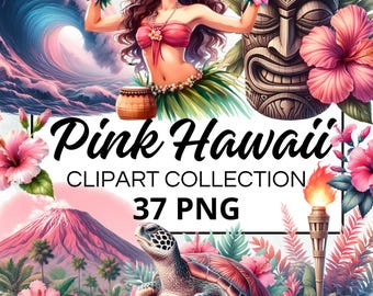 Roze Hawaii aquarel clipart bundel, digitale scrapbook & ambachtelijke graphics voor uitnodigingen, printables, doe-het-zelf-projecten, Instant Download