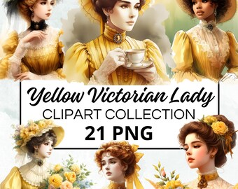 Victoriaanse dame gele aquarel clipart bundel, digitale scrapbook & ambachtelijke graphics, uitnodigingen, afdrukbare, doe-het-zelf-projecten, Instant Download