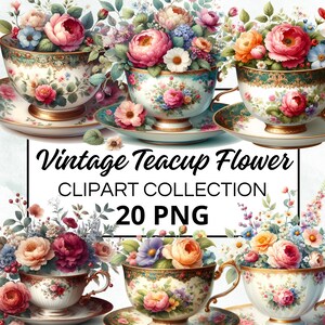 Vintage Teacup Flower Watercolour Clipart Bundle, Digital Scrapbook & Craft Graphics, Invitations, Printable, DIY Projects, Instant Download