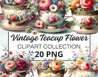 Vintage theekopje bloem aquarel clipart bundel, digitale scrapbook & ambachtelijke graphics, uitnodigingen, afdrukbare, DIY-projecten, Instant Download