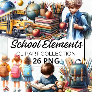 Può includere: Una collezione di 26 immagini clipart a tema scolastico, tra cui un autobus scolastico giallo, un mappamondo, una pila di libri, matite, pastelli, uno zaino, una scatola per il pranzo, mele e bambini. Le clipart sono perfette per creare materiale didattico, inviti o altri progetti.
