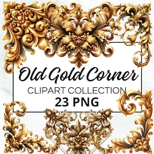 Può includere: Una collezione di 23 immagini clipart di angoli dorati. Le immagini presentano disegni decorativi e intricati in stile vintage barocco. Le immagini sono perfette per aggiungere un tocco di eleganza a qualsiasi progetto di design.