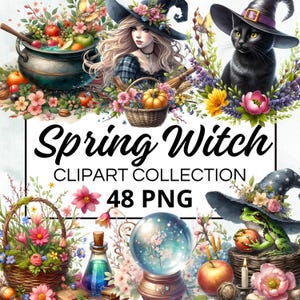 Häxa vår akvarell clipart-paket, digital scrapbook och hantverksgrafik för inbjudningar, utskrivbara material, gör-det-själv-projekt, direktnedladdning