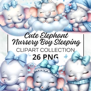 Cute Elephant Nursery Boy Sleeping Clipart Collection, 26 Watercolor PNGs for Instant Download, Commercial Use
