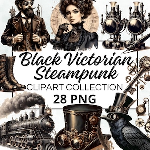 Pacote de clipart em aquarela preta Steampunk vitoriana, gráfico de artesanato de scrapbook digital, convites, para impressão, projeto DIY, download instantâneo