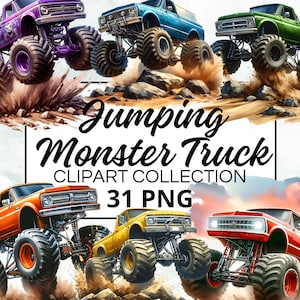 Könnte beinhalten: Eine Sammlung von 31 PNG-Clipart-Bildern von Monstertrucks in verschiedenen Farben, darunter Lila, Blau, Grün, Rot und Gelb. Die Trucks springen in der Luft mit ihren Rädern vom Boden ab. Die Trucks sind alle im Cartoon-Stil gehalten und haben übertriebene Merkmale.