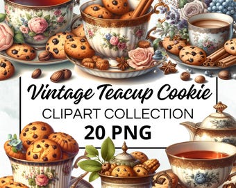 Vintage theekopje Cookie aquarel clipart bundel, digitale scrapbook & ambachtelijke graphics, uitnodigingen, afdrukbare, DIY-projecten, Instant Download
