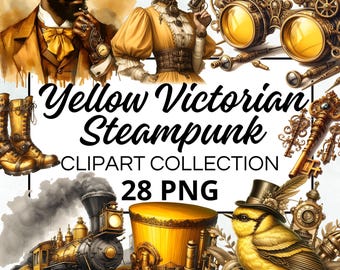 Victoriaanse Steampunk gele aquarel clipart bundel, digitale Scrapbook Craft afbeelding, uitnodiging, afdrukbaar, DIY-project, Instant Download