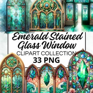 Può includere: Una collezione di 33 immagini clipart digitali che presentano finestre in vetro colorato con accenti verde smeraldo e oro. Le finestre sono in vari stili, tra cui ad arco, rettangolari e rotonde. Le finestre sono perfette per aggiungere un tocco di fantasia e stravaganza ai tuoi progetti.