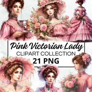 Può includere: Una collezione digitale di 21 immagini clipart di dame vittoriane rosa in varie pose. Le dame indossano abiti rosa con bordi in pizzo e hanno acconciature elaborate. Alcune tengono fiori, mentre altre tengono ombrelli. Il testo "Pink Victorian Lady Clipart Collection 21 PNG" è visualizzato nella parte inferiore dell'immagine.