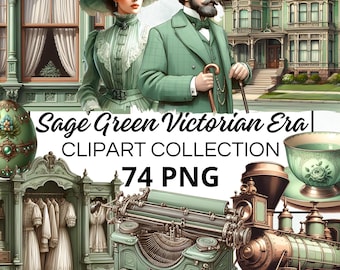Victoriaanse tijdperk salie groene aquarel clipart bundel, digitale scrapbook & ambachtelijke graphics voor uitnodigingen, printables, doe-het-zelf-projecten