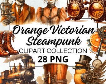 Victoriaanse Steampunk oranje aquarel clipart bundel, digitale scrapbook ambachtelijke afbeelding, uitnodiging, afdrukbaar, DIY-project, Instant Download