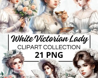 Victoriaanse dame witte aquarel clipart bundel, digitale scrapbook & ambachtelijke graphics, uitnodigingen, printables, doe-het-zelf-projecten, Instant Download