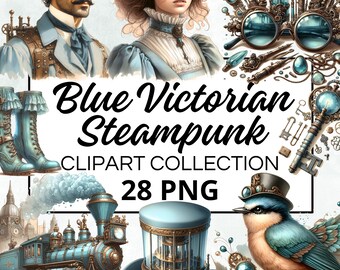 Victoriaanse Steampunk blauwe aquarel clipart bundel, digitale Scrapbook Craft afbeelding, uitnodigingen, afdrukbaar, DIY-project, Instant Download