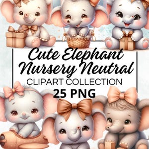 Cute Elephant Nursery Neutral Clipart Collection, 25 Watercolor PNGs for Instant Download, Commercial Use