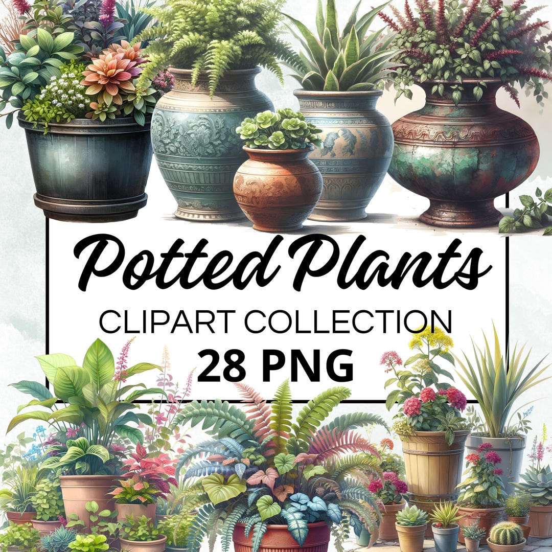 Potted Plants Watercolor Clipart Bundle, Digital Scrapbook &amp; Craft Graphics for Invitations ...