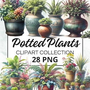 Plantes en pot Aquarelle Clipart Bundle, Scrapbook numérique et graphiques artisanaux pour invitations, imprimables, projets de bricolage, téléchargement instantané