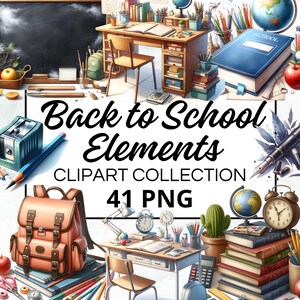 Può includere: Un set di 41 elementi clipart sul tema del ritorno a scuola, tra cui uno zaino, una scrivania, un mappamondo, un temperamatite, una matita, un libro, un orologio, una pianta e un righello. La clipart è in stile cartone animato ed è perfetta per l'uso in progetti scolastici, decorazioni per l'aula o artigianato personale.