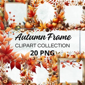 May include: A collection of 20 autumn-themed frames featuring fall leaves, pumpkins, acorns, and berries. The frames are ideal for adding a touch of autumn to your crafts and projects.
