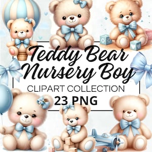 テディベア 保育園の男の子の水彩クリップアート バンドル、デジタル スクラップブック & クラフト グラフィック、招待状、印刷可能、DIY プロジェクト、即時ダウンロード