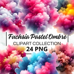 Può includere: Una collezione di 24 immagini clipart digitali che presentano nuvole astratte e colorate in stile acquerello in tonalità di rosa, blu, giallo e viola. Il testo "Fuchsia Pastel Ombre" e "24 PNG" è visibile nell'immagine.